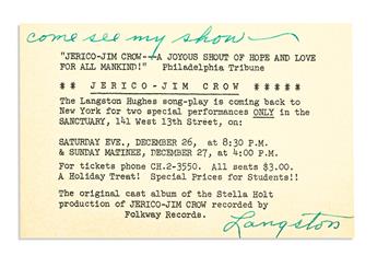 HUGHES, LANGSTON. Two items, each Signed and Inscribed: Laughing to Keep from Crying * Typed invitation to his musical Jerico-Jim Crow.